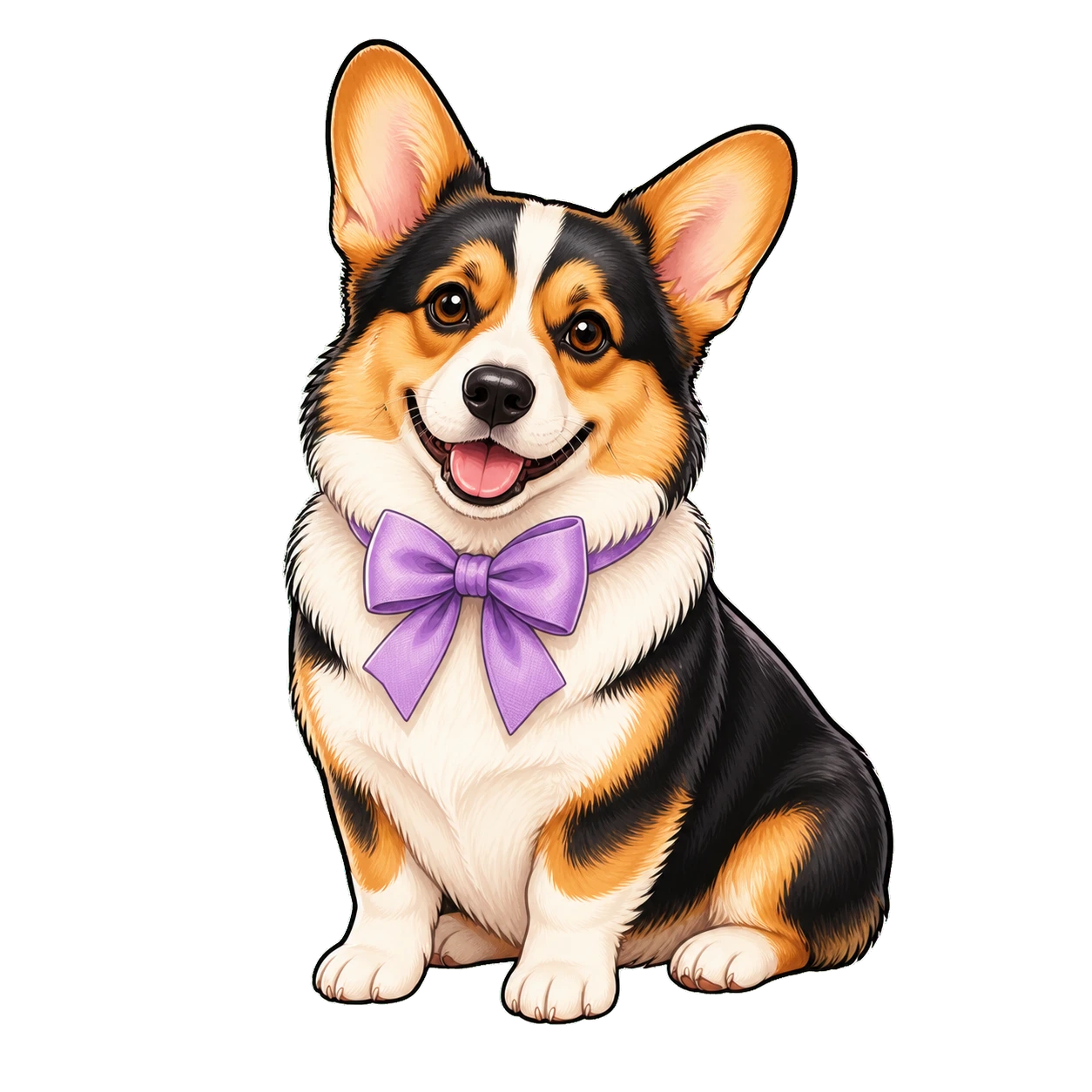 Illustration of a tricolour corgi wearing a lavender bow