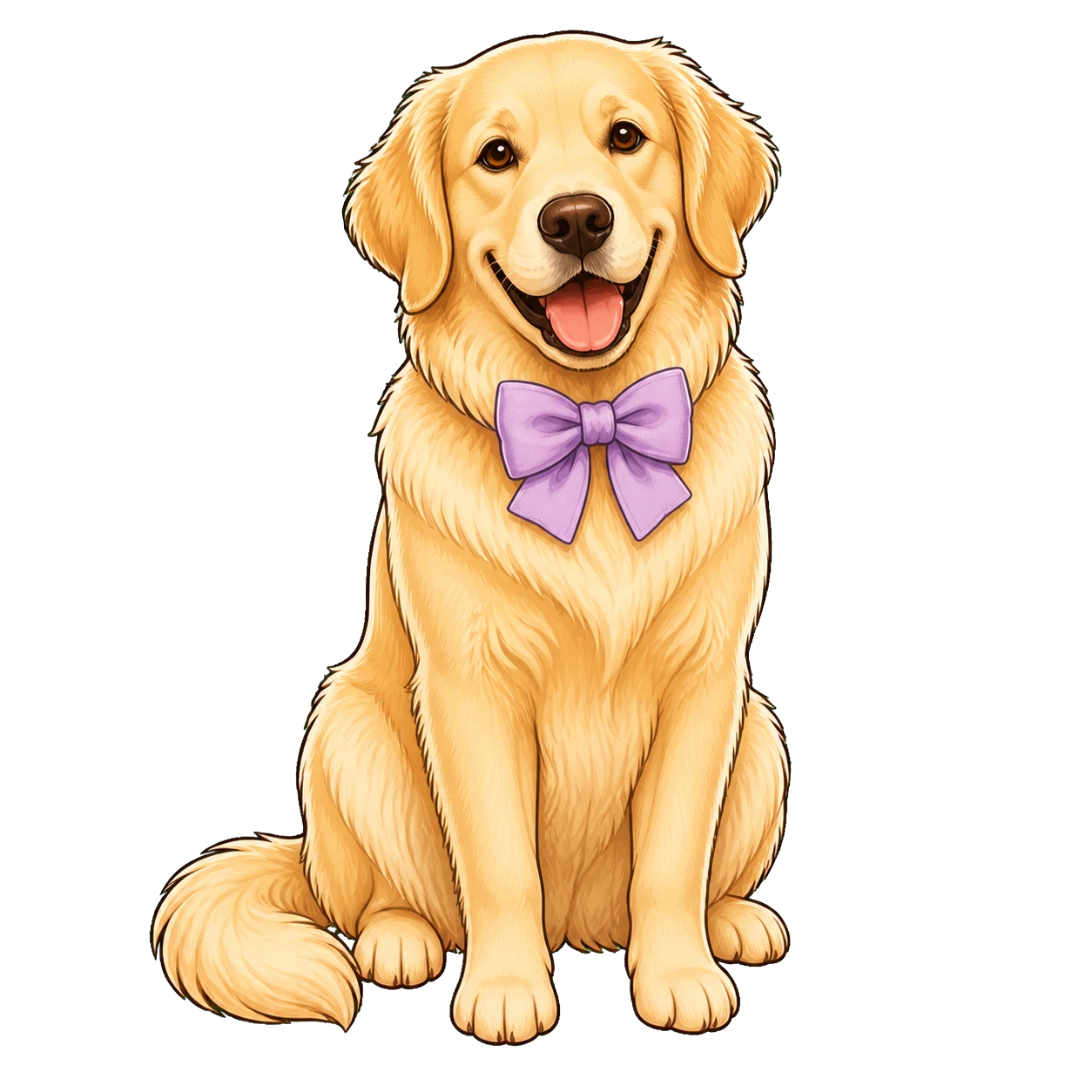 Illustration of a golden dog wearing a lavender bow