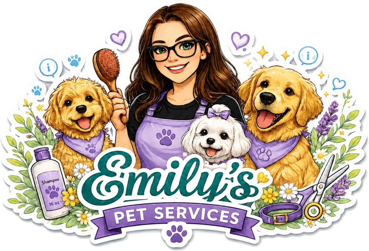 Emily with three dogs in the Emily's Pet Services illustrated logo